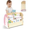 MHJY Libreria per Bambini in Legno - Scaffale Porta Libri Doppia Faccia con Tasche in Tela, Stile Montessori Portatile con Maniglia, Organizer Giochi per Cameretta, Asilo e Scuola Materna