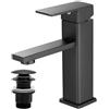Vuadzren Rubinetto Bagno Lavabo Miscelatore da lavabo a foro singolo, forma quadrata, nero, a leva singola con cartuccia ceramica, in acciaio inox(1, nero con gruppo di scarico)
