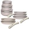 San Ignacio Set di 8 pezzi: 5 padelle Ø18Ø20Ø24cm(x2) Ø28cm e 3 pentole Ø16Ø18Ø20cm in alluminio pressato con rivestimento ILAG con 2 manici estraibili