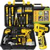 BLOSTM Kit di attrezzi da 126 pezzi con trapano a batteria da 8 V e utensili manuali per fai da te, riparazioni domestiche, cassetta degli attrezzi portatile con cacciaviti, punte, pinze (giallo)