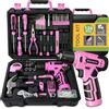 BLOSTM Kit di 126 attrezzi rosa con trapano a batteria da 8 V e utensili manuali per fai da te, riparazioni domestiche, cassetta degli attrezzi portatile con cacciaviti, punte, pinze