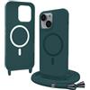 Bigcousin Magnetica Cover con Cordino per iPhone 15 Plus,[Compatibile con MagSafe], Cover in Silicone, Regolabile Cordino da Collo Nylon Catena Collana Tracolla,Verde