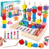 POWZOO Montessori Giocattoli 3-in-1,Sviluppa Motricità Fine | Perline in Legno da Infilare e Impilare e Ordinare,con Carte e Scatola Portaoggetti,Ldee Regalo Bimbi 3-5 Anni