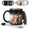 MUGKISS Tazza da caffè con gatto che cambia colore, 311.8 g, The Fish is Delicious,Tazza da caffè con coperchio nero e cucchiaio, regalo di compleanno per bambini, donne e uomini.