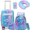 HTgroce 5 Set Valigie per Bambini, Zainetto Bambina, Cuscino per il Collo, Borsa per il Pranzo, Astuccio per Matite, Etichetta, Sirena Valigia con Ruote