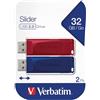Verbatim Confezione multipla di chiavette USB Slider 32GB I USB 2.0 I 2 memorie USB I Per Laptop Notebook Ultrabook TV Autoradio I Penna USB 2.0 I Pendrive con funzione rilascio I Rosso Blu