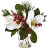Nearly Natural Quasi Naturale Magnolia, Pino e Berry Holiday Composizione in Vaso di Vetro Bianco, 14,25'' x 7.25'' x 8.25''