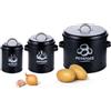 Relaxdays Contenitori Porta Patate Cipolle e Aglio, Set da 3 Barattoli da Cucina, Coperchio e Fori, Metallo, Nero