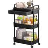 Duojin - Carrello portaoggetti a 3 ripiani in plastica con maniglia, carrello portaoggetti multifunzionale con cesti a rete e ruote bloccabili per bagno, cucina, ufficio, aula (nero)