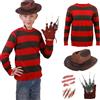 JoyFuncos Costume da Freddy Krueger per bambini, con maglione a righe rosse e verdi, guanto, cappello spaventoso, accessori per Halloween, cosplay, per ragazzi e ragazze (9-10 anni)