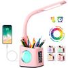 Wanjiaone Lampada da scrivania a LED, lampada da scrivania per bambini con orologio, sveglia, calendario, termometro, RGB e portapenna, luce regolabile per proteggere gli occhi, lampada da scrivania per bambini