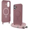 Bigcousin Magnetica Cover con Cordino per iPhone 16 Plus,[Compatibile con MagSafe], Cover in Silicone, Regolabile Cordino da Collo Nylon Catena Collana Tracolla,Rosa Gold