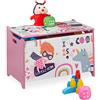 Relaxdays Cassapanca Organizer, Portagiochi per la Cameretta, Design Super Girl, MDF, HxLxP: 39x60x36,5 cm, Rosa/Bianco