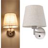 Alpinaluz Applique da parete classico nichel satinato, lampada con paralume in tessuto beige chiaro e interruttore anteriore, attacco E27 per camera da letto e testiera