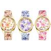 JewelryWe Orologio da donna bohémien con motivo floreale vintage, analogico, al quarzo, da donna, stile bohémien, ultra sottile, con cinturino in pelle PU e cassa in oro, Set da 3 pezzi