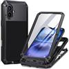 seacosmo Cover per iPhone 16, Custodia Protettiva Full Body a Doppio Strato con Cornice in Metallo e Interno in Silicone, Antiurto Militare con Vetro Temperato Integrato, Nero
