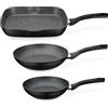 GSW Set di padelle Gourmet Granito - Set di padelle di alta qualità composto da 2 padelle e 1 padella per barbecue, anche per induzione, rivestimento antiaderente - alluminio, 3 pezzi
