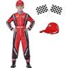 KUKIKUKI Costume da pilota di auto da corsa Ragazzi Tuta da pilota con berretto per auto Bambini Vestiti per Halloween (Rosso, 140)