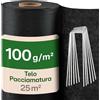 Praknu Telo Pacciamatura 100g/m² - 1m x 25 Metri con 12 Picchetti - Extra Resistente & Anti-UV - Telo Traspirante & Antistrappo - Ideale per Giardino & Orti Rialzati