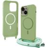 Bigcousin Magnetica Cover con Cordino per iPhone 13 6,1 Zoll,[Compatibile con MagSafe], Cover in Silicone, Regolabile Cordino da Collo Nylon Catena Collana Tracolla,Verde Matcha