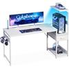 Coleshome Scrivania Gaming con Illuminazione LED, 138×48cm Tavolo Gaming con Cassetti e Libreria, Scrivania Computer Reversibile con Gancio per Cuffie, Fibra di Carbonio Bianco