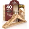 Eurocali 40 Grucce Appendiabiti in Legno Naturale per Vestiti Abiti Giacche Camicie - RealGruccia Barra porta Pantaloni Tacche Antiscivolo e Gancio Girevole 360° - Finitura Lucida e Profilo Smussato - 22x45cm