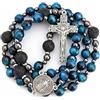 Nazareth Store Rosario cattolico in occhio di tigre blu da uomo con medaglia del santo e croce Padre Nostro regalo cattolico resistente per uomo (San Benedetto)