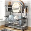 HABITELLO Scolapiatti a 2 Livelli in Metallo, Compatto Risparmia Spazio, per Cucina Lavandino Piano di Lavoro, Organizzatore per Piatti Tazze Posate (Nero)