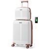 FANTASK Valigia da viaggio espandibile con ruote, set da 2 bagagli, bagaglio a mano da 20 + valigetta cosmetica da 14 con serratura TSA e porta USB (bianco)