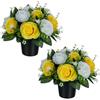 BLOSMON Fiori Finti con Cimitero Vaso: 2 Pezzi Giallo Bianco Rose Artificiali in Vasi per Cimiteri Lapidi Esterno Decorazioni - Rosa Finte Mazzo Fiori di Seta Lapide Tomba Addobbi