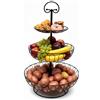 Relaxdays Etagere per frutta, 3 piani, metallo, HxD: 47 x 30 cm, frutta, verdura, con anello, cesto rotondo, nero