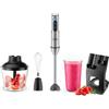 Grunkel - Potente frullatore a mano da 2000 W in acciaio inox, tazza inclusa e opzione set accessori con asta, tritatutto e supporto, pizzo metallico e base in silicone, colore argento