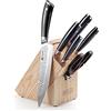PAUDIN Ceppo coltello, colpo di martello Set di 7 coltelli in acciaio inox al carbonio di alta qualità, 5 coltelli da chef professionali ultra affilati, forbici rosse e ceppo di legno