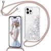 TUUTPU Cover per iPhone 15 Pro Max 6,7'' con Cordino, Custodia Brillantini Liquido con Collana Trasparente Ultra Sottile Silicone Antiurto Protettivo Sabbie Mobili Case per Cellulare Cordoncino, Oro Rosa