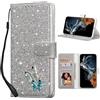 UEEBAI Custodia a portafoglio per Samsung Galaxy S24 Plus/S25 Plus 5G, in pelle PU, con glitter 3D, con scomparto per carte di credito, funzione leggio, con cordino per il trasporto, colore argento