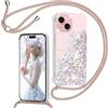 TUUTPU Cover per iPhone 13 Mini 5,4'' con Cordino, Custodia Brillantini Liquido con Collana Trasparente Ultra Sottile Silicone Antiurto Protettivo Sabbie Mobili Case per Cellulare Cordoncino, Oro Rosa