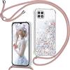 TUUTPU Cover per Samsung Galaxy A22 5G con Cordino, Custodia Brillantini Liquido con Collana Trasparente Ultra Sottile Silicone Antiurto Protettivo Sabbie Mobili Case per Cellulare Cordoncino, Oro Rosa