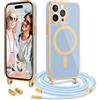 Wirvyuer Magnetica Cover per iPhone 14 Pro Max Custodia con Cordino,Blu | Compatibile con MagSafe,Cover con Collana Regolabile,Protezione Fotocamera,Galvanico Morbido Silicone Case con Tracolla