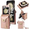Mxinxiu Custodia a portafoglio per Samsung Galaxy Z Flip 4, custodia a portafoglio in pelle opaca con cerniera staccabile tracolla fibbia design - rosa