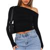 EMOTTOS Donna Crop Tops Monospalla, Maglietta Sexy Y2K con Manica Lunga Increspata, Camicie off-Shoulder Slim Fit, Moda Increspata Coulisse Maglietta Maniche Lunghe Donna (Nero/Grigio, S-L)