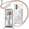 TUUTPU Cover per Samsung Galaxy A53 5G con Cordino, Custodia Brillantini Liquido con Collana Trasparente Ultra Sottile Silicone Antiurto Protettivo Sabbie Mobili Case per Cellulare Cordoncino, Oro Rosa
