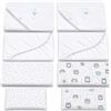 FlyIdeas Lenzuola Next2Me Set MAXI 8 pz 75x35cm, 100% Cotone Cert. con 2 Lenzuola Sotto, 2 Traverse Salva Pipi, 2 Lenzuola Sopra & 2 Federe Cuscino per Culle Fianco Letto Neonato 75x30 70x30 e simili