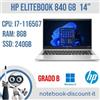 HP Notebook HP EliteBook 840 G8 Cpu i7-1165G7 Ram 8gb DDR4 SSD 240 gb W11P GRADO B