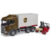 Bruder BRD03582 Scania Super 560R Camion UPS Portacontainer con Muletto
