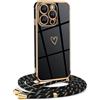 Mkej Custodia con Collana per iPhone 15 Pro Max, Cover Donna Cuore amore con Cordino, Case con Laccio Tracolla Elettrolitico TPU Cover con Collana per iPhone 15 Pro Max - oro nero