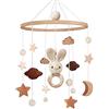 SWECOMZE Lettino mobile in legno per bambini, campanello, carillon a vento, bambino con nuvole, stelle, uncinetto staccabile, coniglio, giocattolo mobile per bambini