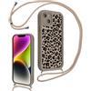Votvloay Cover Cordino per iPhone 14 6,1, Corda Collana Tracolla Laccio Ragazze Custodia con Carina Leopardata Disegni, Sottile Silicone TPU Bumper Antiurto Protettiva Case per iPhone 14, Cachi