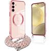Pnakqil per Magnetica Cover per Samsung Galaxy S24 Plus con Cordino, Compatibile con MagSafe, Ultra Sottile Cuore Silicone Custodia con Laccio Tracolla, TPU Case con Collana per Samsung S24+, Rosa