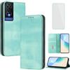 OUEAYIEN Cover per TCL 505 Custodia a Libro con Vetro Temperato Blocco RFID Antiurto Pelle Portafoglio Porta Carte Supporto Stand Vintage Flip Custodia per TCL505 Menta