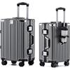 Aoliwei Valigetta a mano S 55 cm - Valigetta con telaio in alluminio in policarbonato 100%, circa 40 L - Valigia premium con portabevande e lucchetto TSA - Silenzioso trolley a 4 ruote, grigio., M